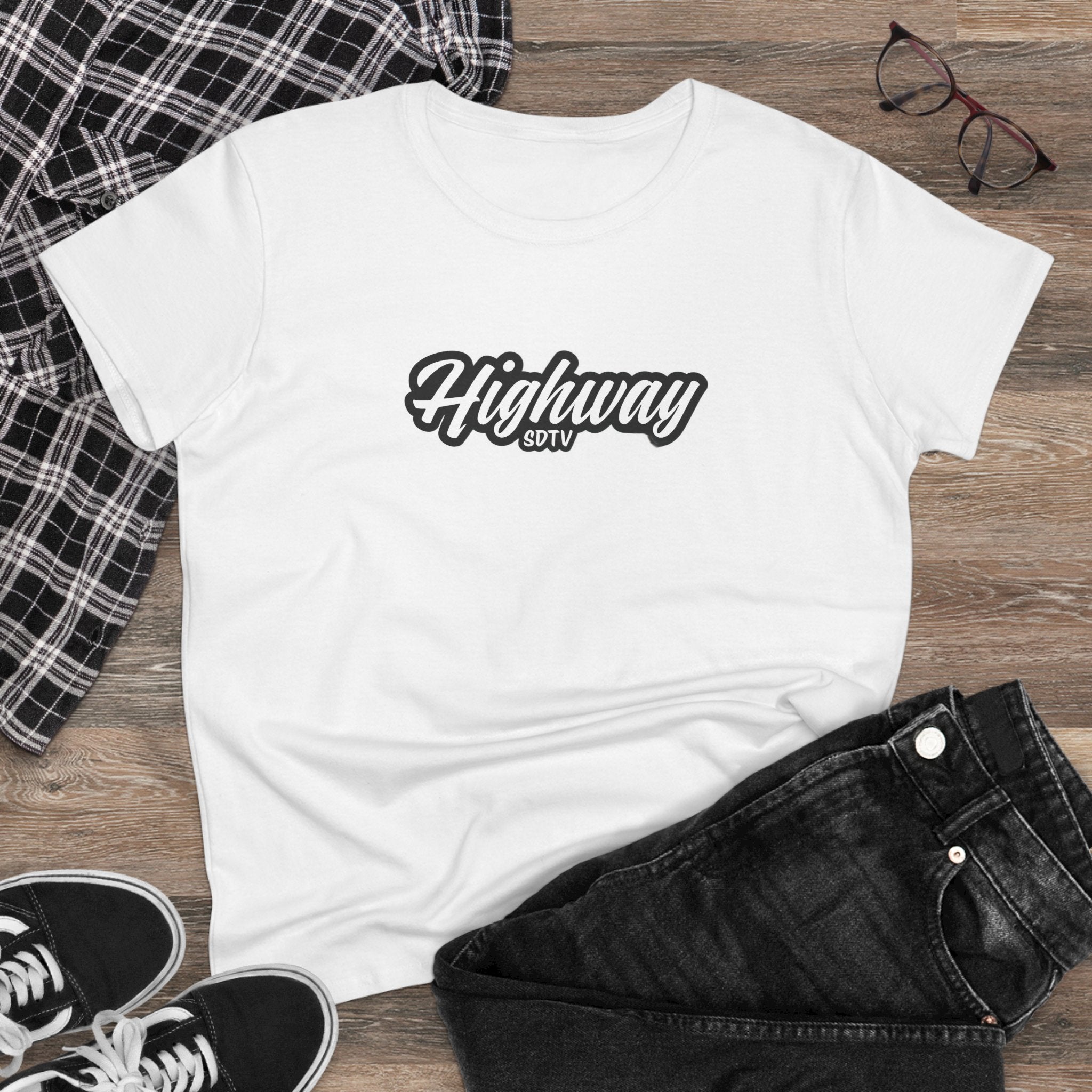Highway SDTV Women's Midweight Cotton Tee | Casual Shirt, Graphic Top, Summer Outfit, Gift for Her, Trendy Fashion