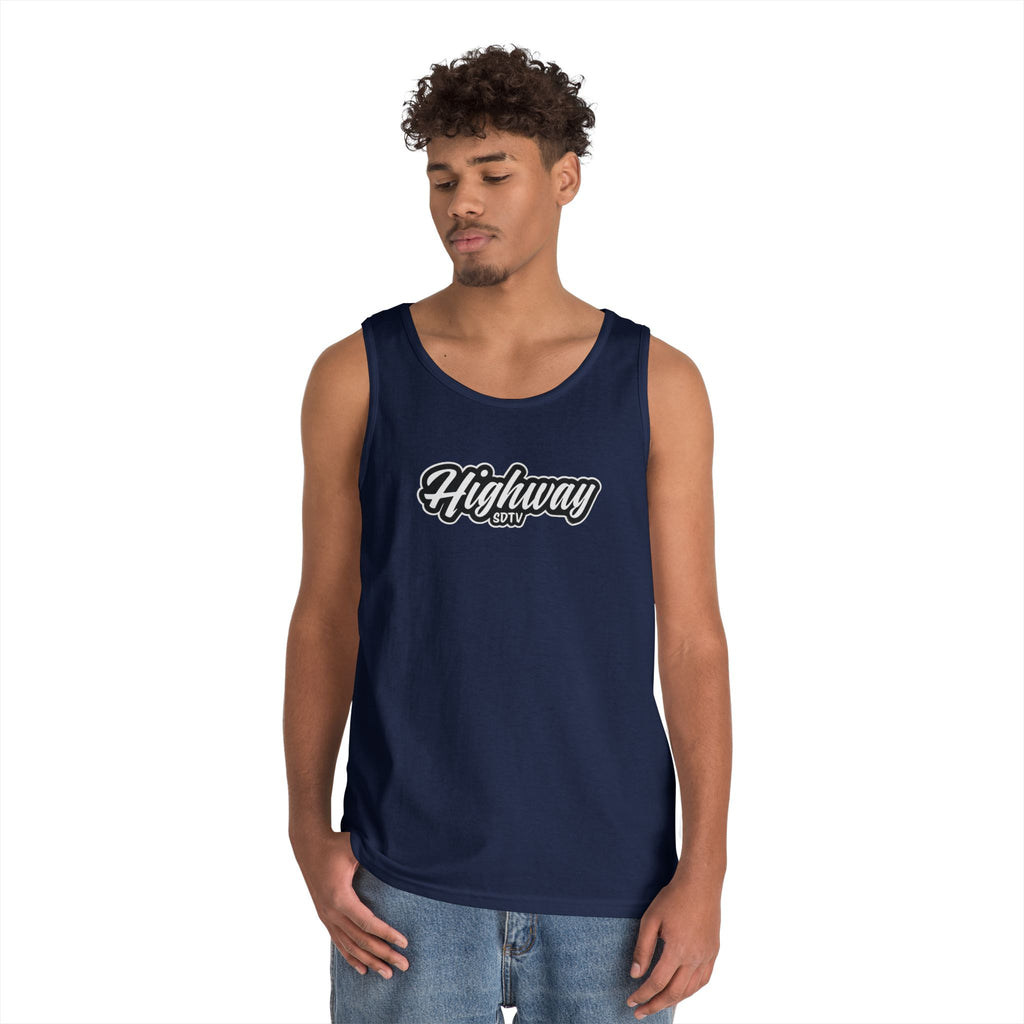 Highway Graphic Unisex Heavy Cotton Tank Top, Summer Casual Wear, Beach Outfit, Festival Clothing, Gift for Travelers