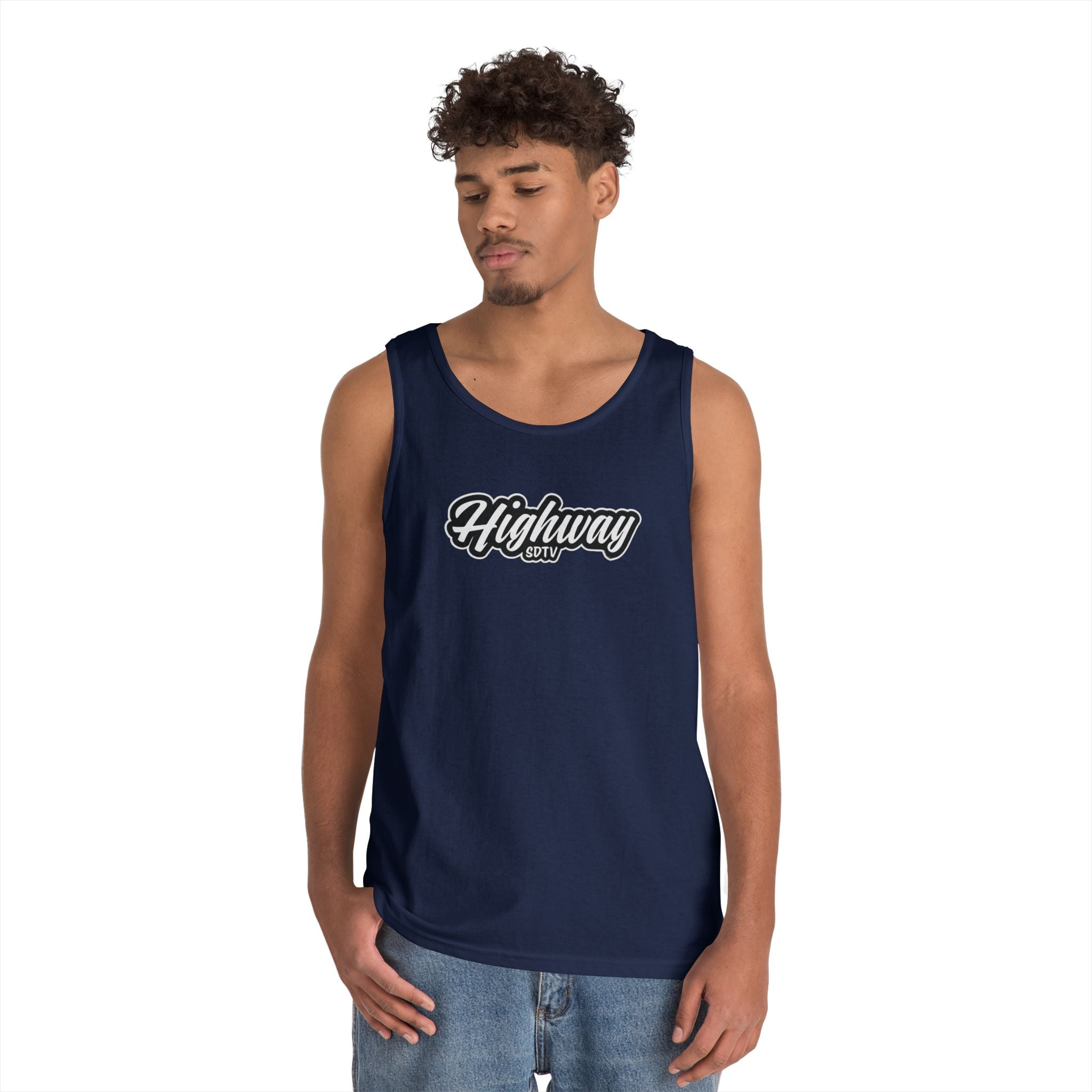 Highway Graphic Unisex Heavy Cotton Tank Top, Summer Casual Wear, Beach Outfit, Festival Clothing, Gift for Travelers