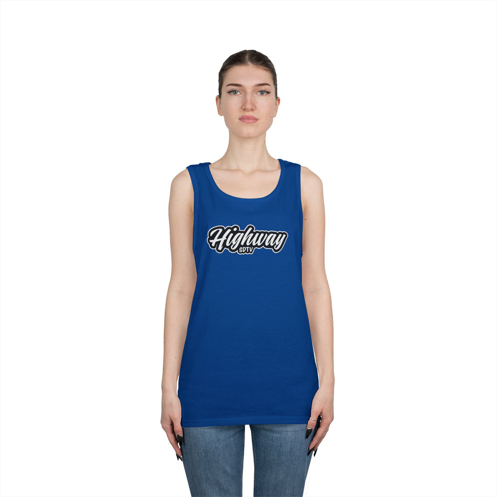 Highway Graphic Unisex Heavy Cotton Tank Top, Summer Casual Wear, Beach Outfit, Festival Clothing, Gift for Travelers