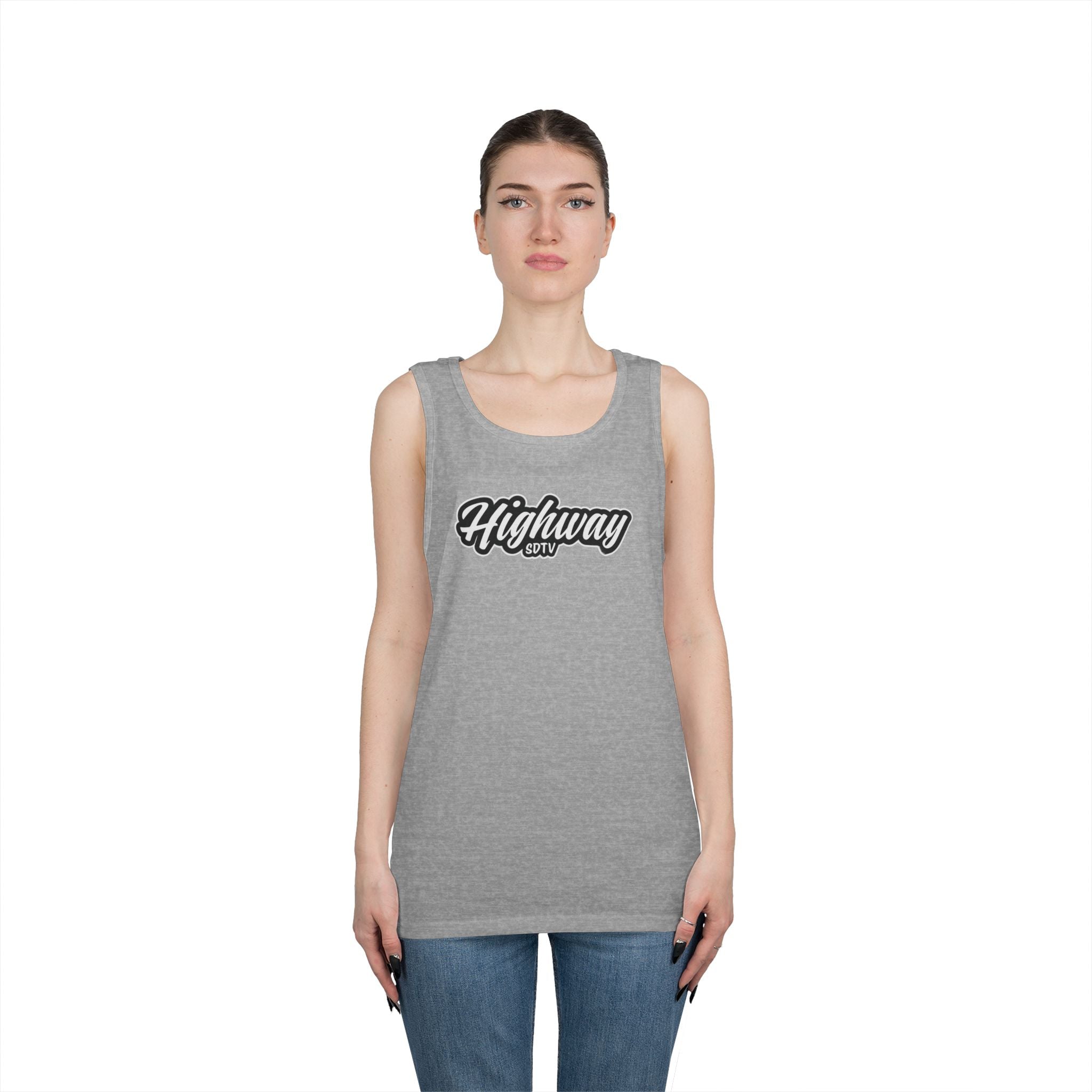 Highway Graphic Unisex Heavy Cotton Tank Top, Summer Casual Wear, Beach Outfit, Festival Clothing, Gift for Travelers