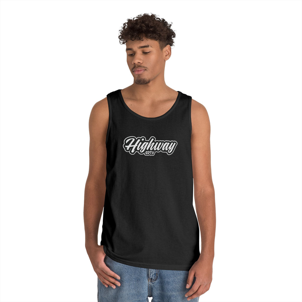Highway Graphic Unisex Heavy Cotton Tank Top, Summer Casual Wear, Beach Outfit, Festival Clothing, Gift for Travelers