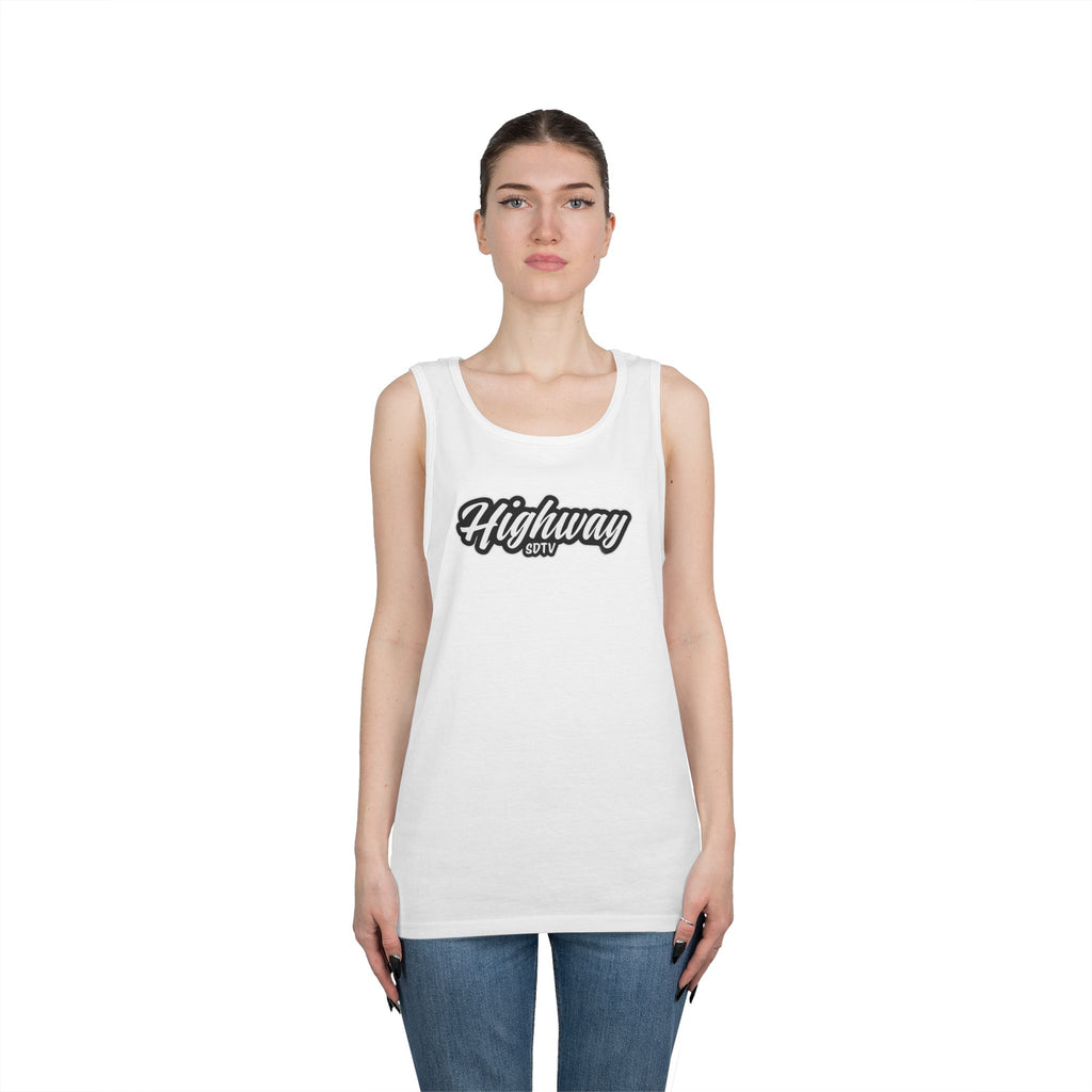 Highway Graphic Unisex Heavy Cotton Tank Top, Summer Casual Wear, Beach Outfit, Festival Clothing, Gift for Travelers