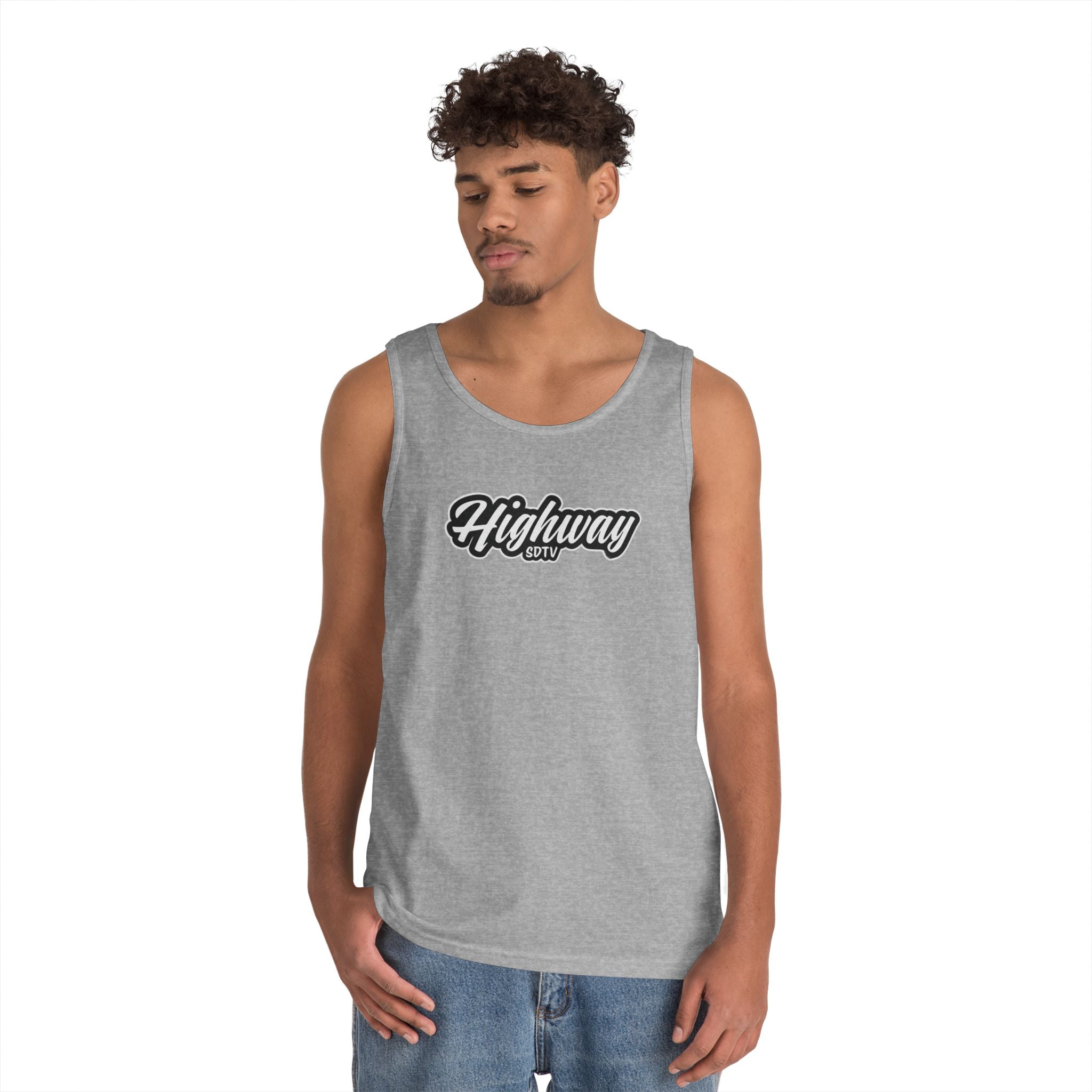 Highway Graphic Unisex Heavy Cotton Tank Top, Summer Casual Wear, Beach Outfit, Festival Clothing, Gift for Travelers