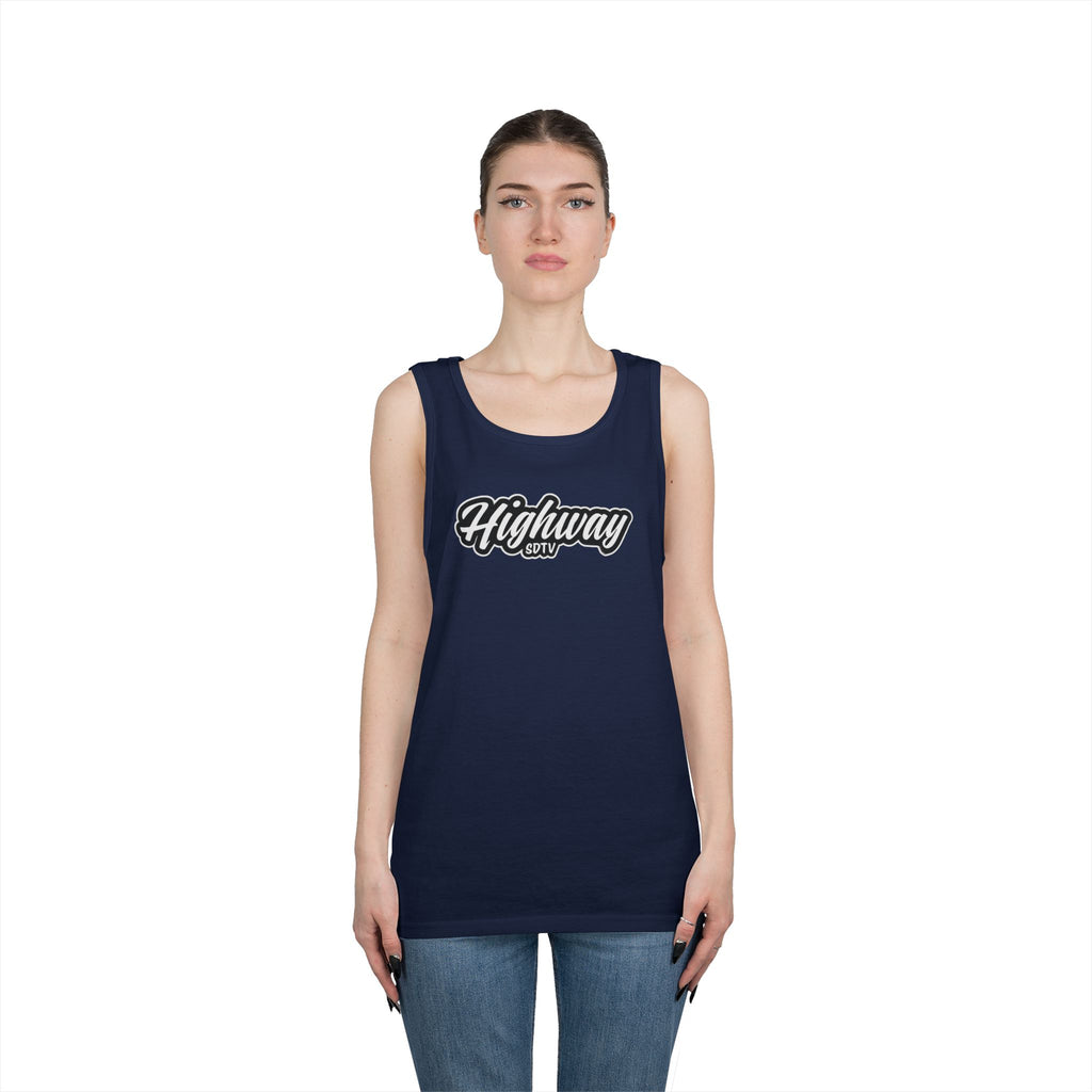 Highway Graphic Unisex Heavy Cotton Tank Top, Summer Casual Wear, Beach Outfit, Festival Clothing, Gift for Travelers