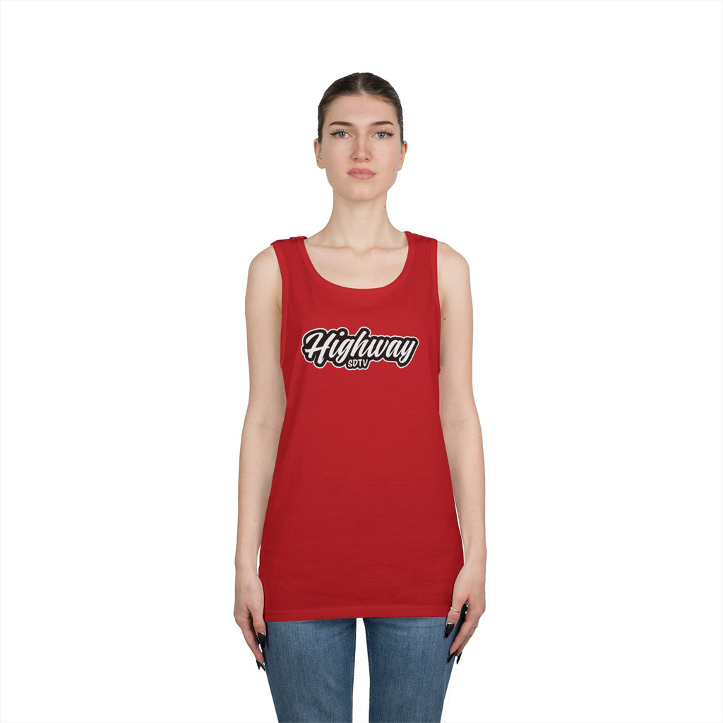 Highway Graphic Unisex Heavy Cotton Tank Top, Summer Casual Wear, Beach Outfit, Festival Clothing, Gift for Travelers