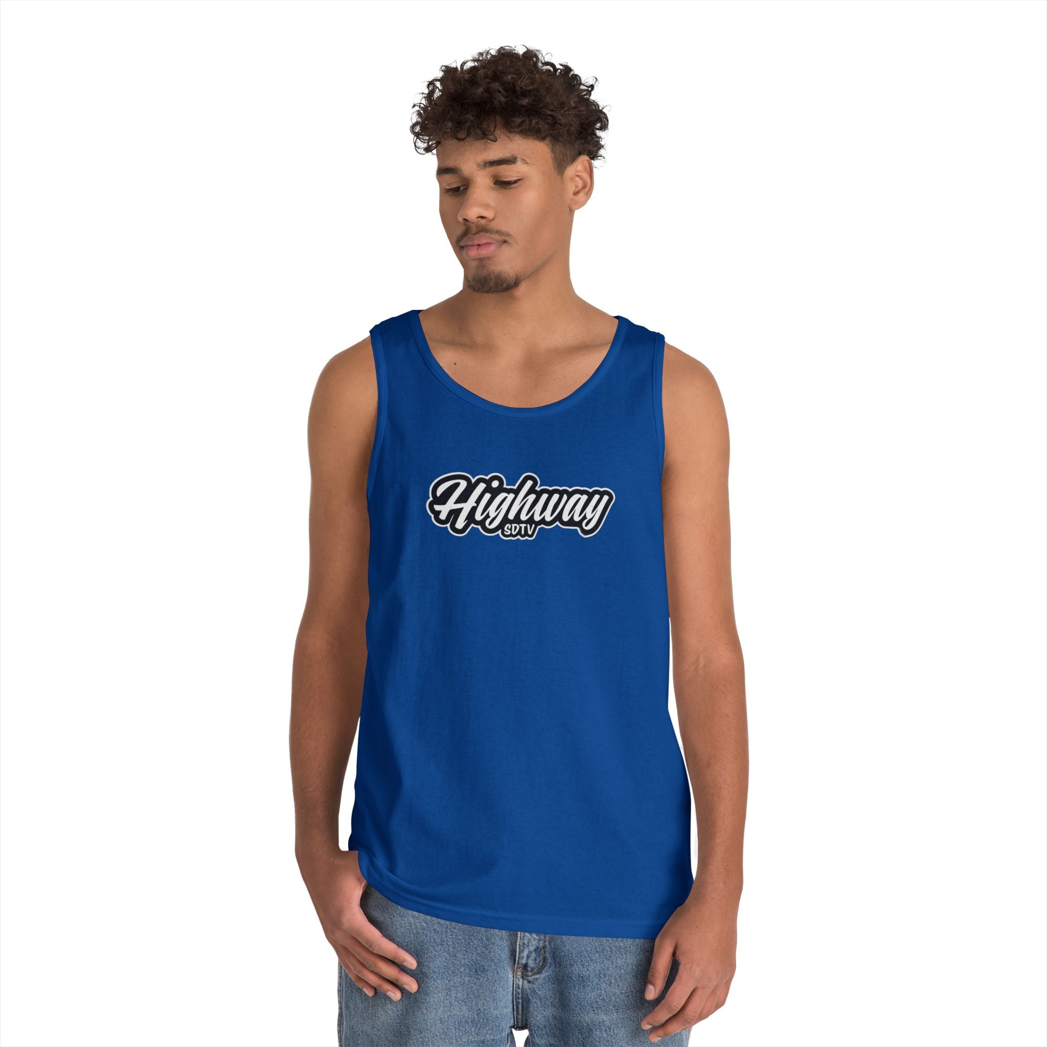 Highway Graphic Unisex Heavy Cotton Tank Top, Summer Casual Wear, Beach Outfit, Festival Clothing, Gift for Travelers