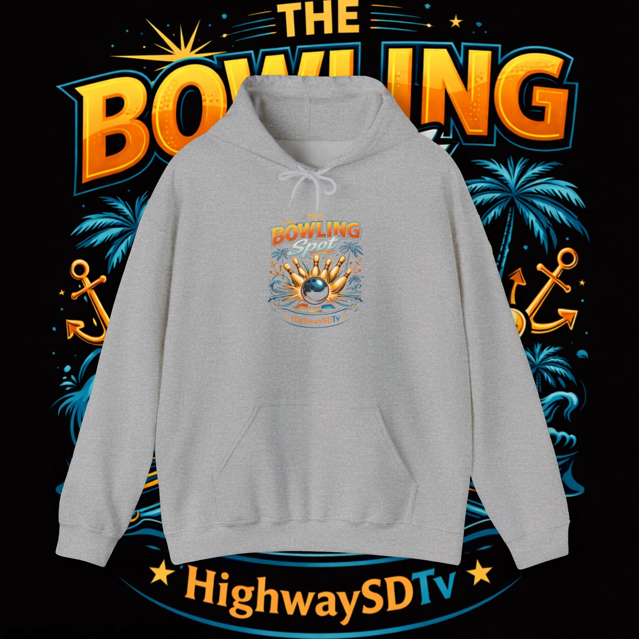 Bowling Shoreline Hoodie — Retro Bowling Ball & Anchor Graphic