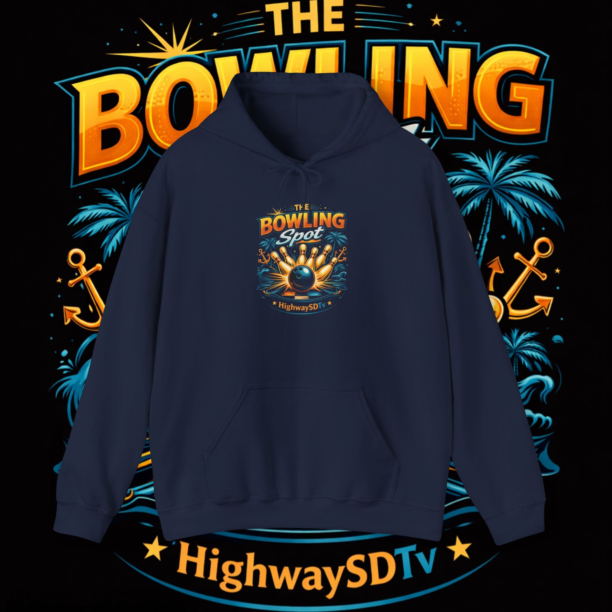 Bowling Shoreline Hoodie — Retro Bowling Ball & Anchor Graphic