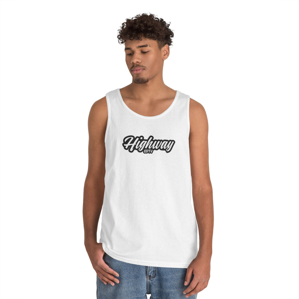 Highway Graphic Unisex Heavy Cotton Tank Top, Summer Casual Wear, Beach Outfit, Festival Clothing, Gift for Travelers