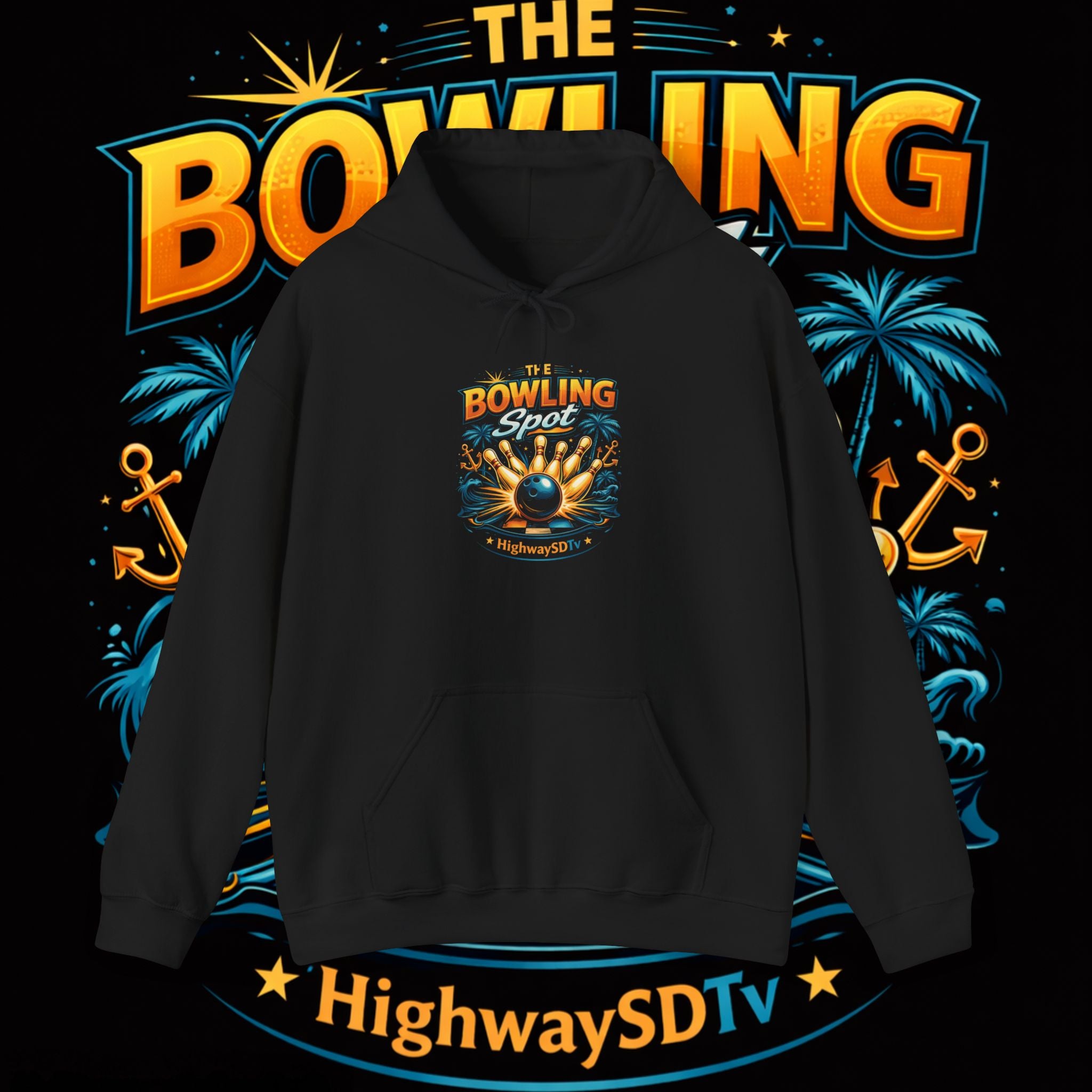 Bowling Shoreline Hoodie — Retro Bowling Ball & Anchor Graphic